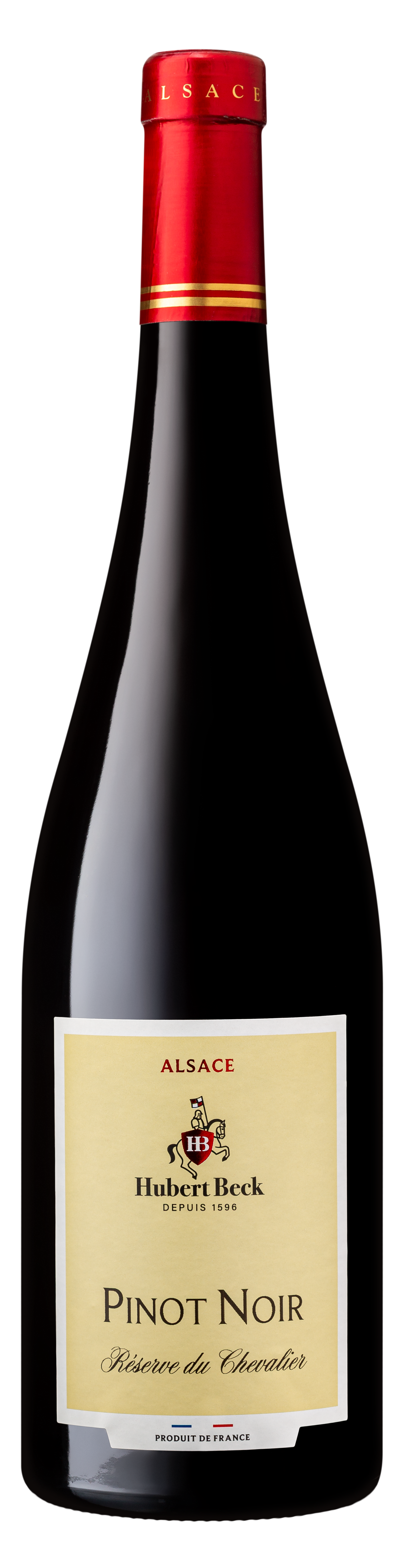 Bouteille de vin rouge de l'Alsace, marque Hubert Beck, cépage Pinot Noir, étiquette crème avec texte noir et rouge, capsule rouge avec gold, fond noir.