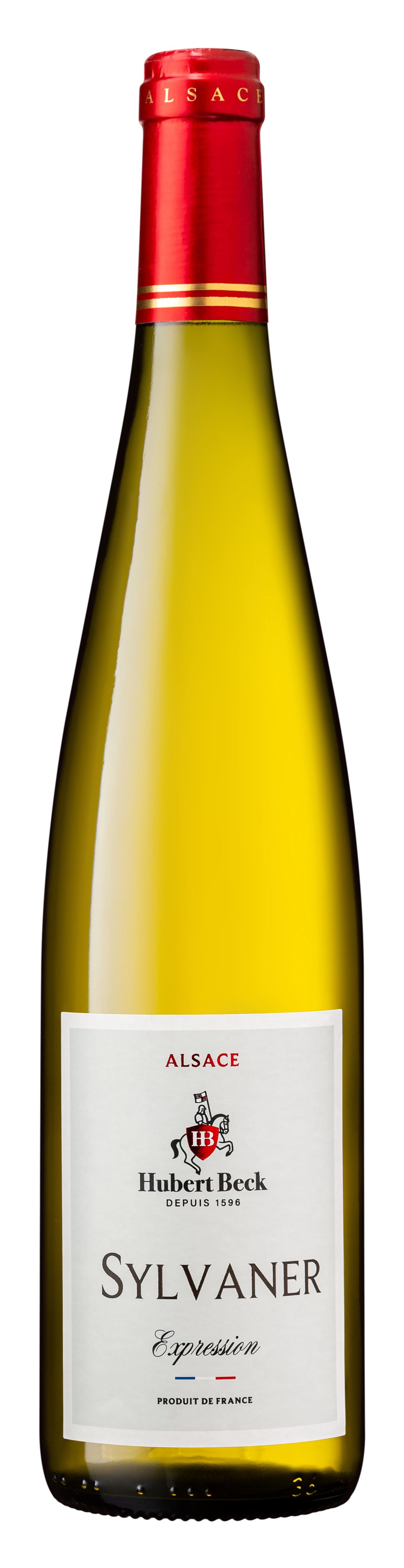 Bouteille de vin blanc, cépage Sylvaner, avec étiquette blanche et capsule rouge, de la marque Hubert Beck, produit d'Alsace