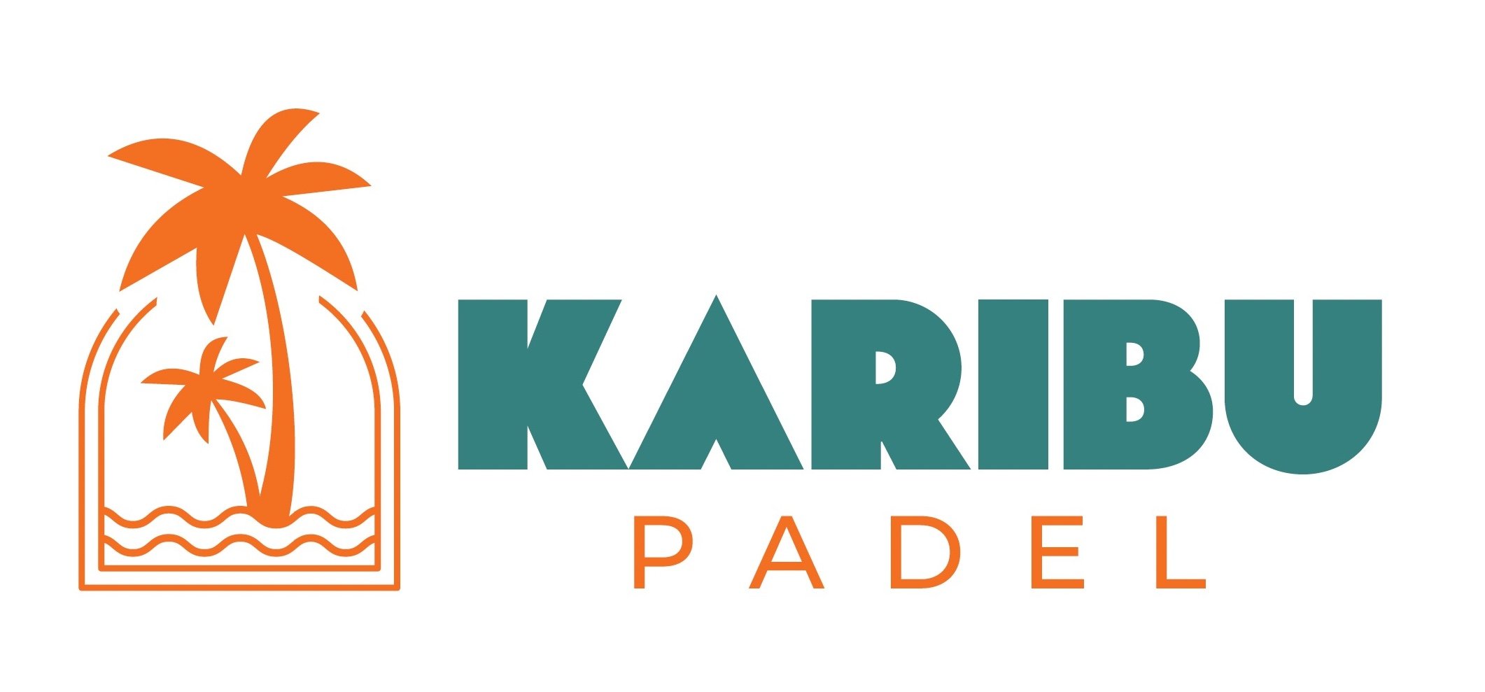 Logo for Karibu Padel featuring an orange outline of a tropical scene with palm trees and waves, and teal and orange text