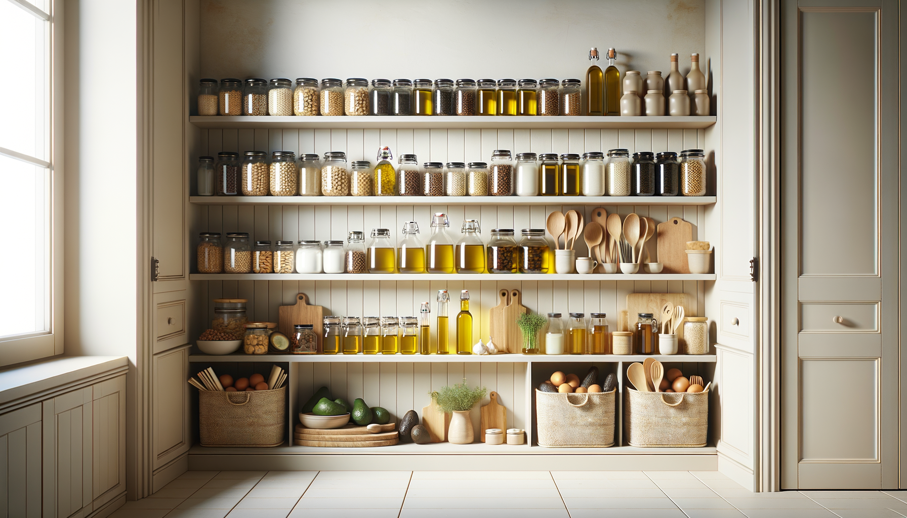 A kitchen pantry shelf filled with glass jars containing grains, seeds, and spices, along with bottles of oil, wooden spoons, cutting boards, and baskets of eggs and avocados, illuminated by natural light from a nearby window.