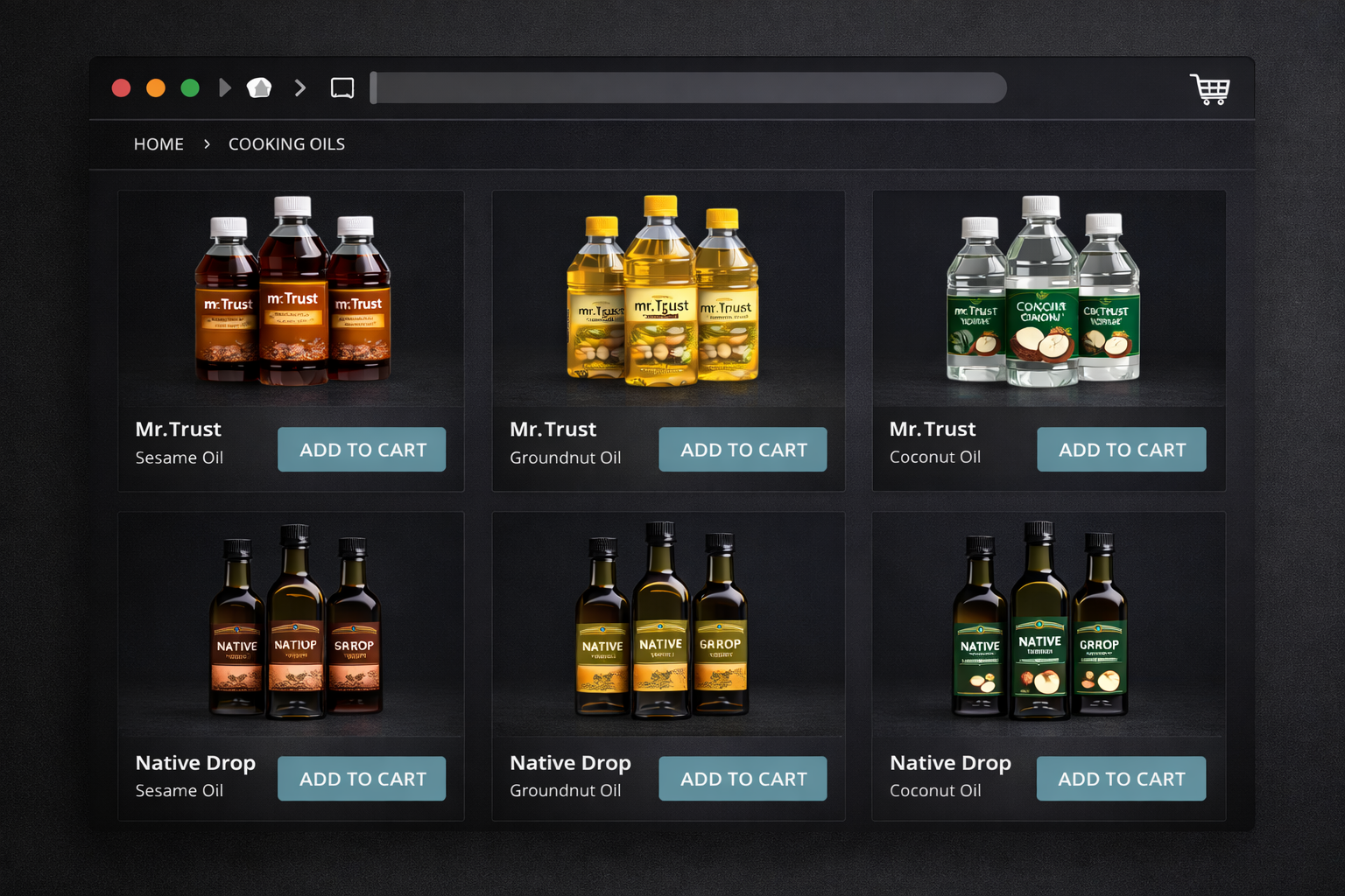 Online store webpage displaying cooking oils including sesame, groundnut, coconut, native sesame, native groundnut, and native coconut oils with 'Add to Cart' buttons.