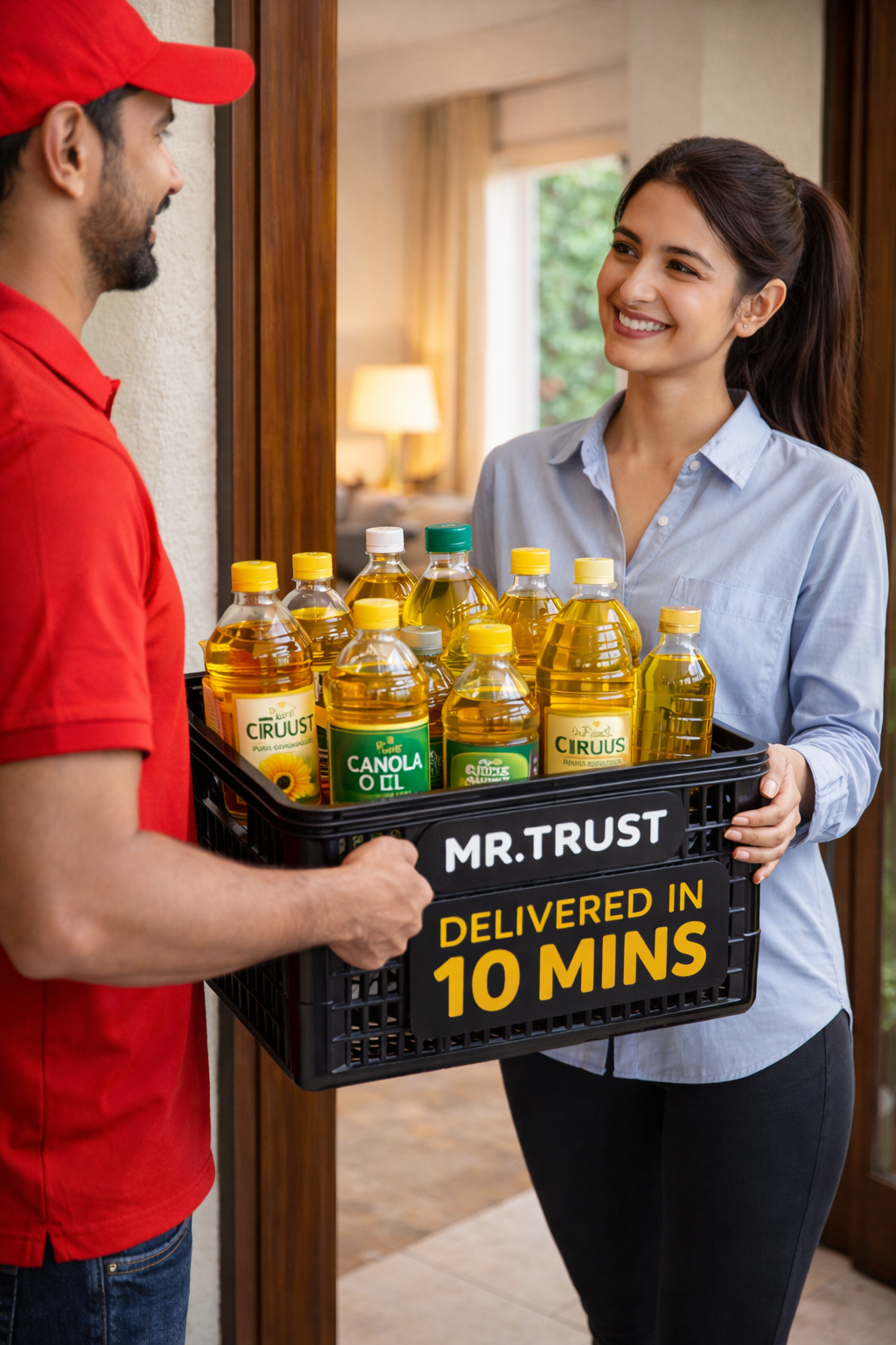 A delivery person handing a basket of bottled cooking oils to a smiling woman at her doorway. The basket has a sign that reads 'Delivered in 10 Mins' and 'Mr. Trust'.