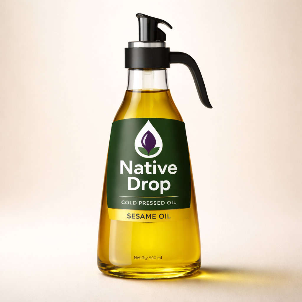 A 500 ml bottle of Native Drop sesame oil with a pump dispenser, labeled as cold pressed oil, standing on a beige surface against a neutral background.