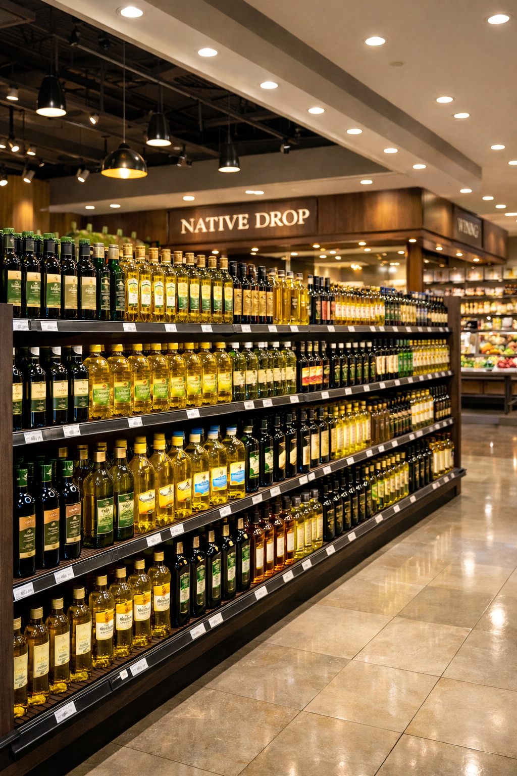 A grocery store aisle with shelves stocked with various bottles of olive oil. The store has a sign that reads 'Native Drop' in the background, with subdued lighting and a polished floor.