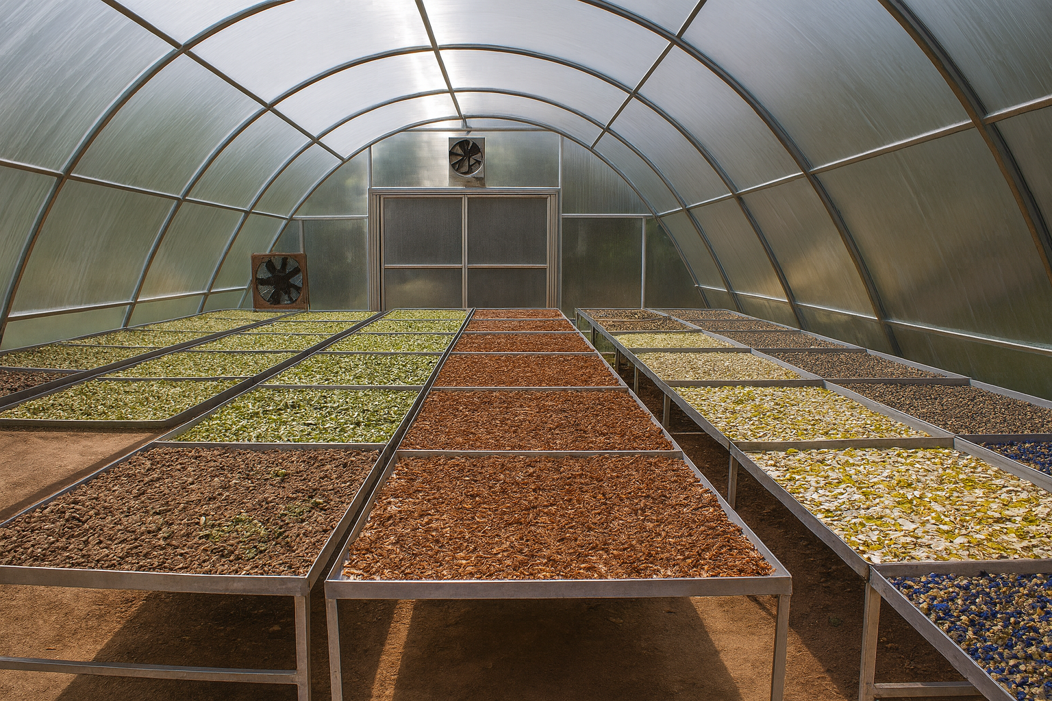 Inside a greenhouse, multiple trays of sprouts and seedlings growing on metal tables, with ventilation fans on the walls.