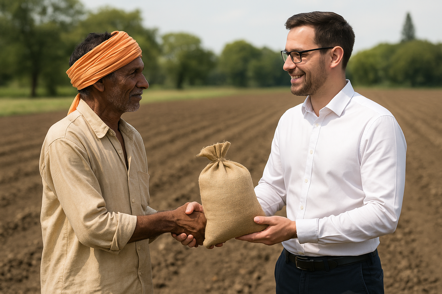 A man in a white shirt and glasses is handing over a burlap sack to an older man wearing a beige shirt and an orange headscarf, in a farm field with trees in the background.