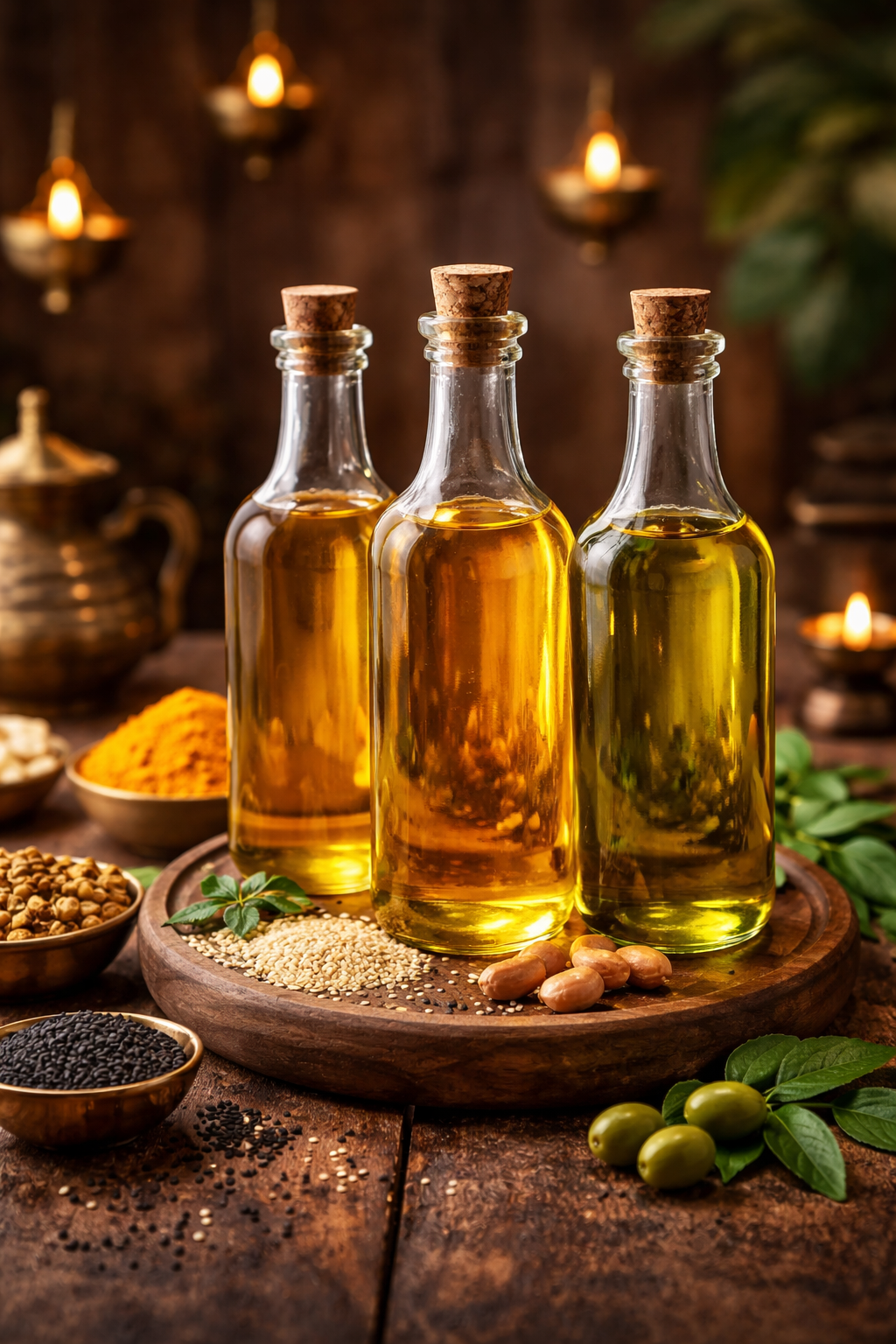 Three glass bottles with cork stoppers filled with golden oil, surrounded by bowls of spices and herbs on a wooden surface, with warm candlelight in the background.