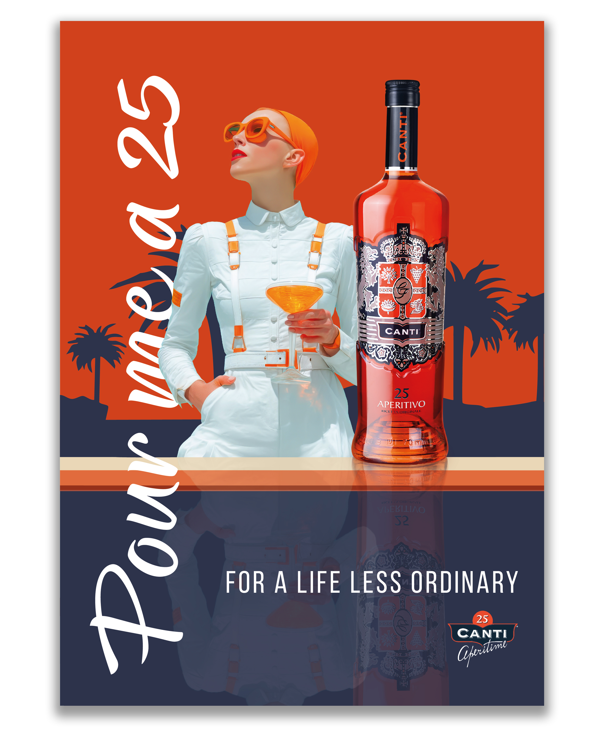 A woman with orange sunglasses and headscarf holding a cocktail glass, standing beside a large bottle of Canti Aperitivo against a background with palm trees and a sunset, with text promoting the drink.