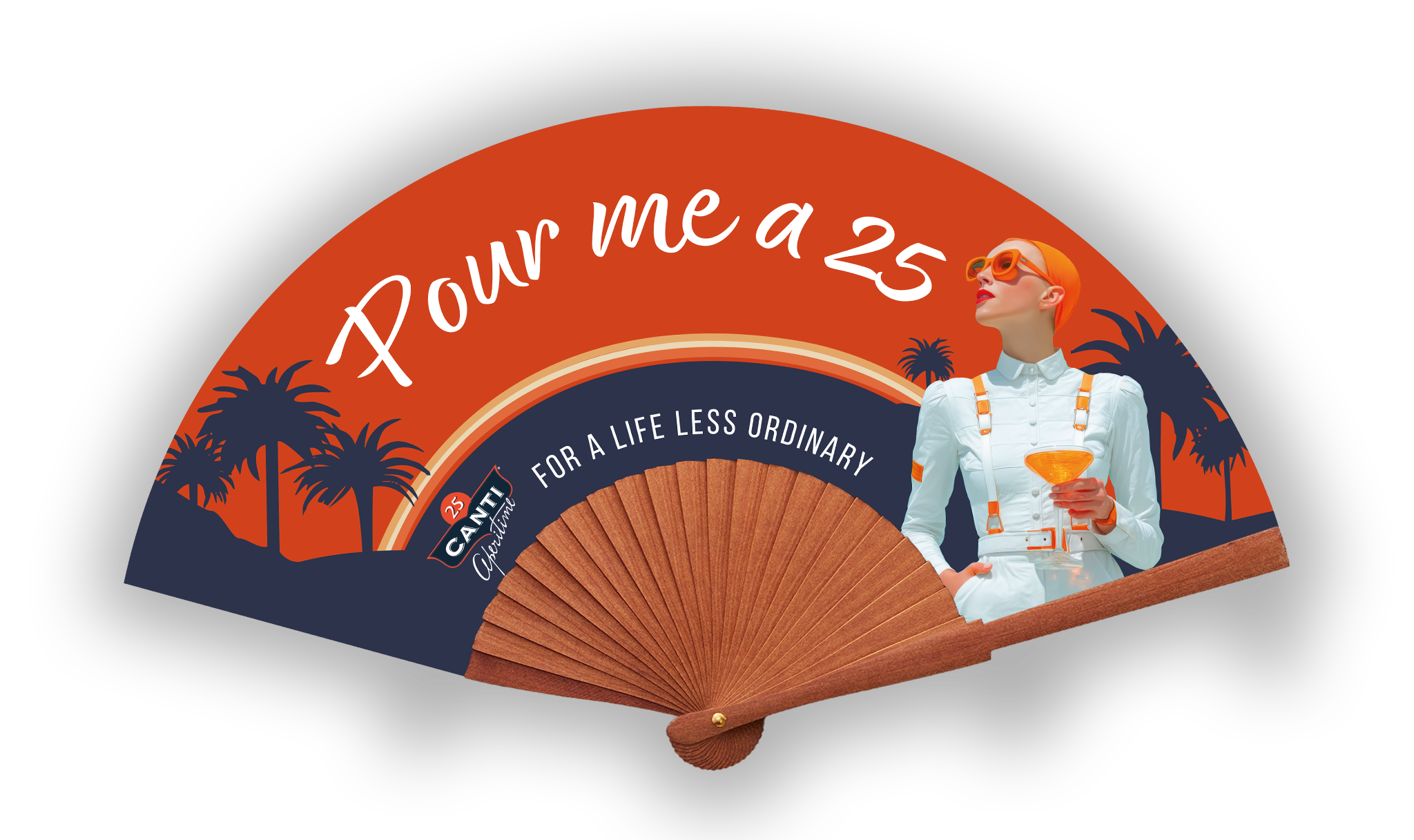 A decorative hand fan with a photograph of a woman with orange hair wearing sunglasses and a white outfit, holding a cocktail, against a background of palm trees and a sunset. The fan has the text 'Pour me a 25' and 'Canal Algarve' with a slogan 'For a life less ordinary.'