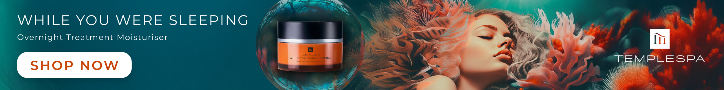 Custom image for an overnight treatment moisturizer, featuring a woman with curly hair sleeping peacefully, with the product jar displayed prominently, and the text "While You Were Sleeping" and "Shop Now" button.