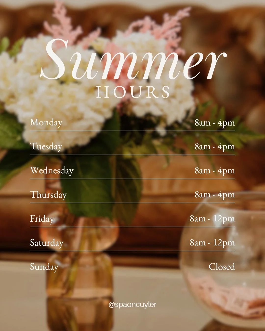 We'll be operating on adjusted hours for the month of June.🌟

 Be sure to plan appointments accordingly and soak up your summer glow with us ✨

#SummerHours #MedSpa #SpaonCuyler #Skincare # HealthySkin
#NorthGa #DaltonGa