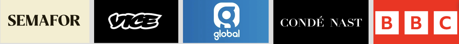 Logos of SEMAFOR, VICE, global, Condé Nast, and BBC on a background divided into black, silver, blue, black, and red sections.