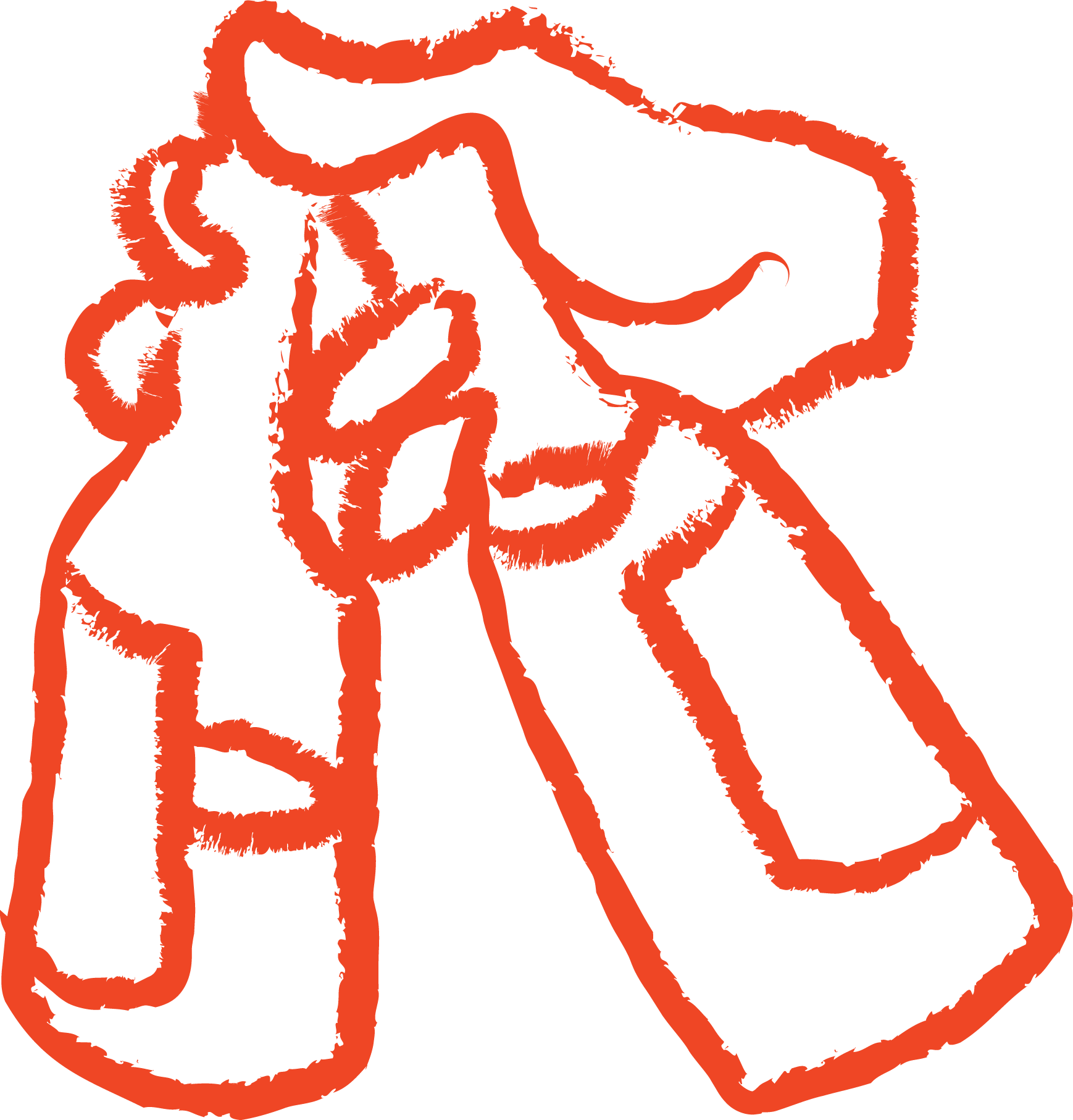 A line drawing of a woman wearing a hat, with her hand on her hip, in red on a black background.