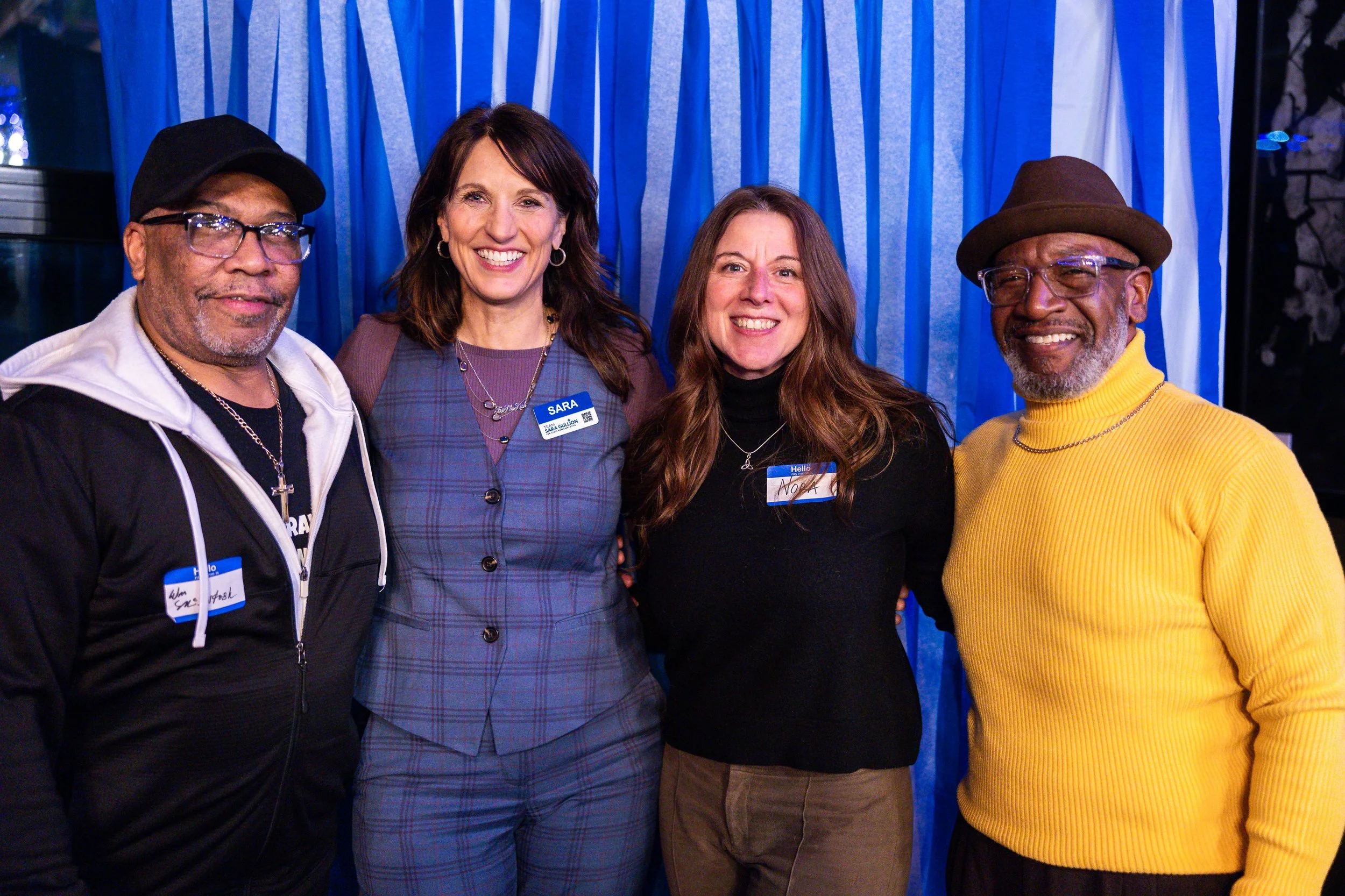 Fellow democratic councilors (William McIntosh, Nora Powell, and Harold Mason) pose with Sara Gullion at Sara's State Representative, Indiana, District 34 campaign kickoff.