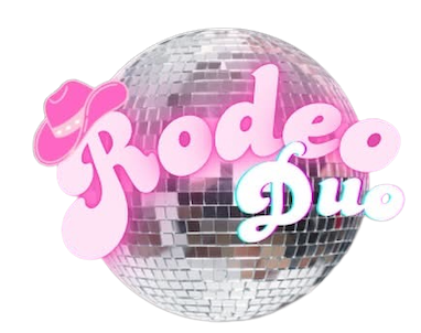 Rodeo Duo logo with a glittery disco ball in the background and pink, white, and light blue text.