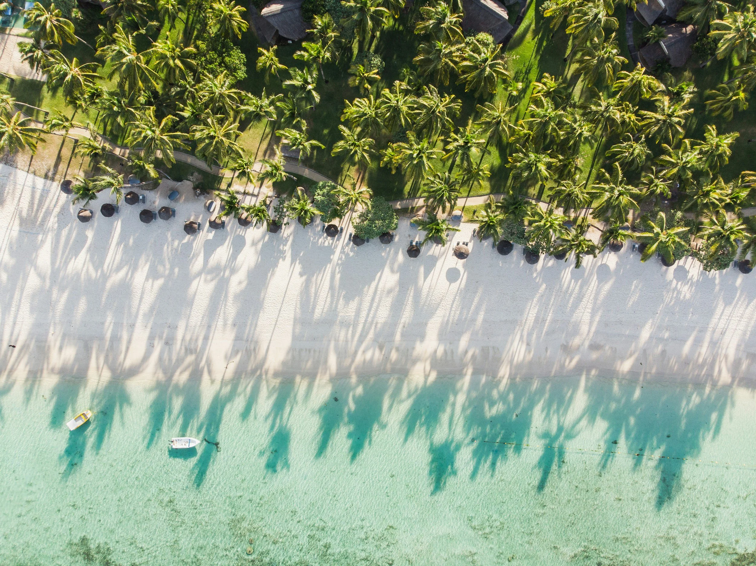 An aerial view of a tropical beach showing white sand, clear turquoise water, and a row of palm trees casting long shadows. There are two small boats floating near the shore.