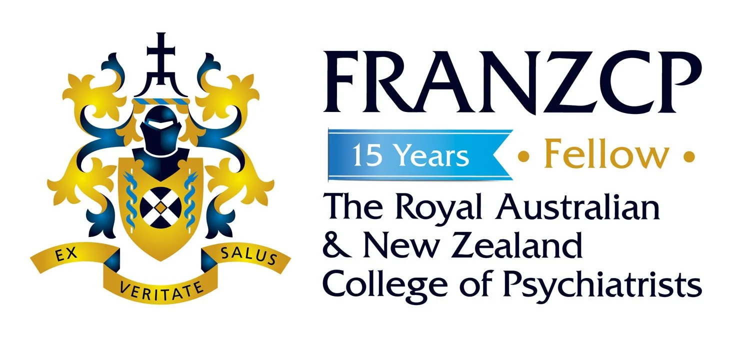 Logo for the Royal Australian and New Zealand College of Psychiatrists with a crest, a banner saying '15 Years', and text indicating fellowship achievement.