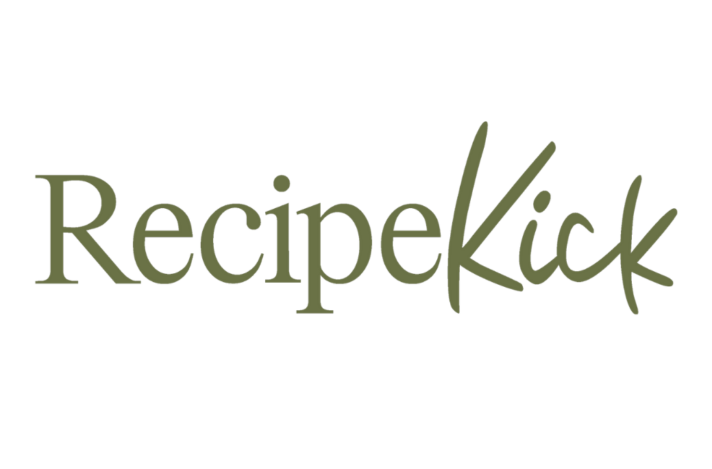 Text that reads "RecipeKick" in a stylized font with green and black coloring.