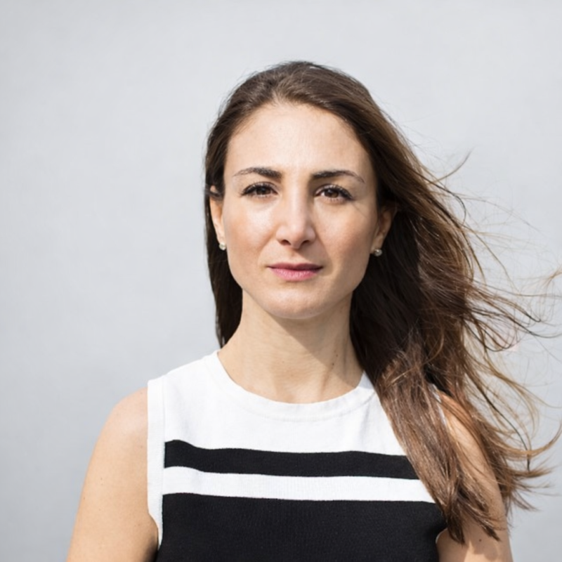 A woman with long brown hair blowing in the wind, wearing a sleeveless black and white striped top, looking at the camera against a plain gray background.