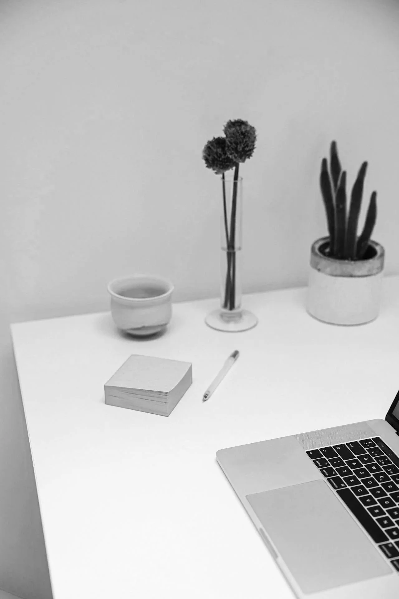 A minimalist workspace with a white desk, a laptop, a pen, a stack of sticky notes, a cup, a small glass vase with dried flowers, and a potted plant.
