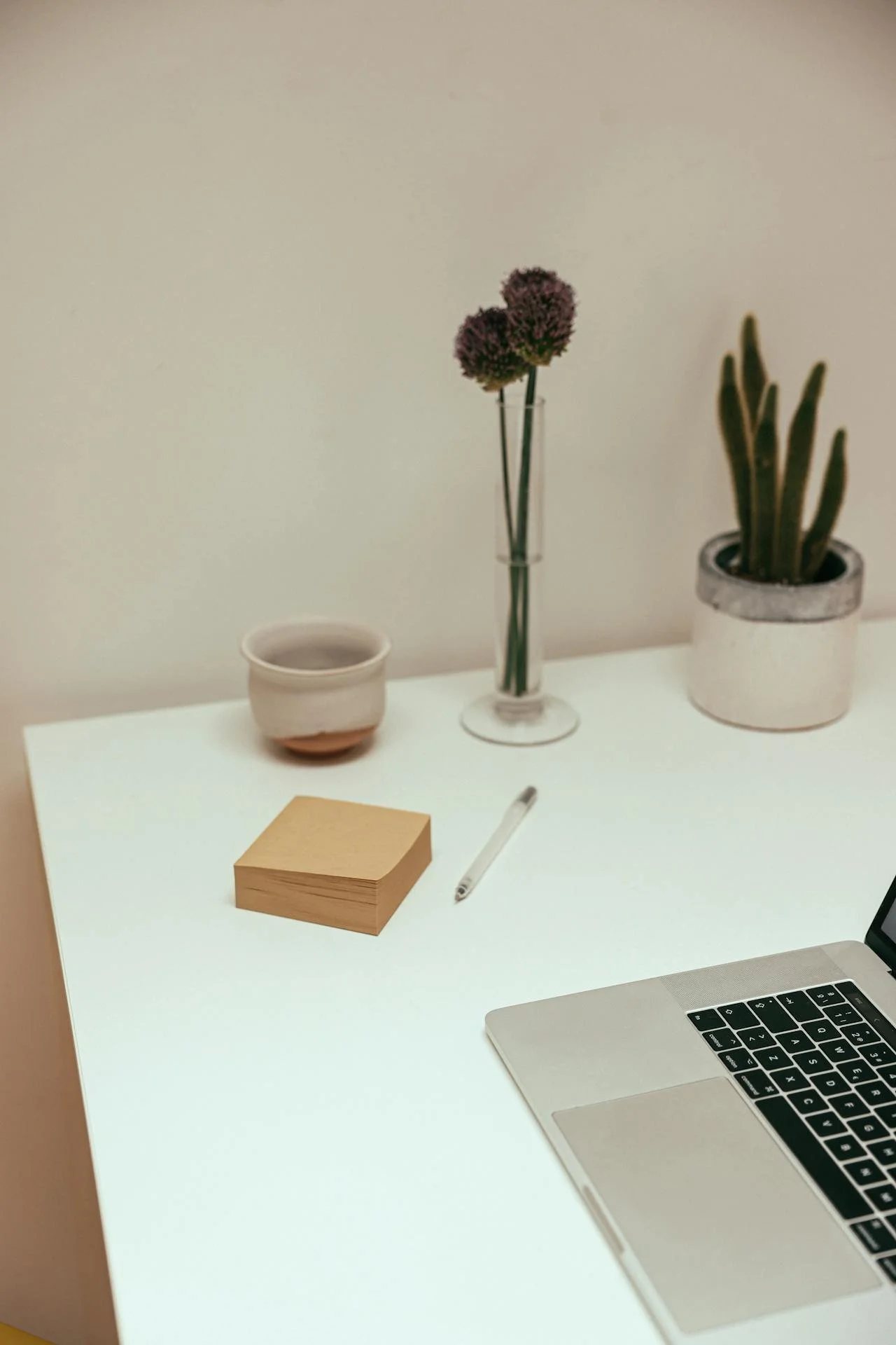 Minimalist white desk with laptop, pen, stack of sticky notes, and plants in pots and a vase.