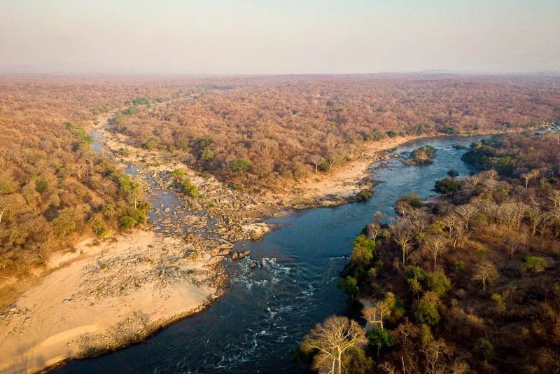 Aerial view of Majete Wildlife Reserve between the Shire and Mkulumadzi Rivers, Malawi
