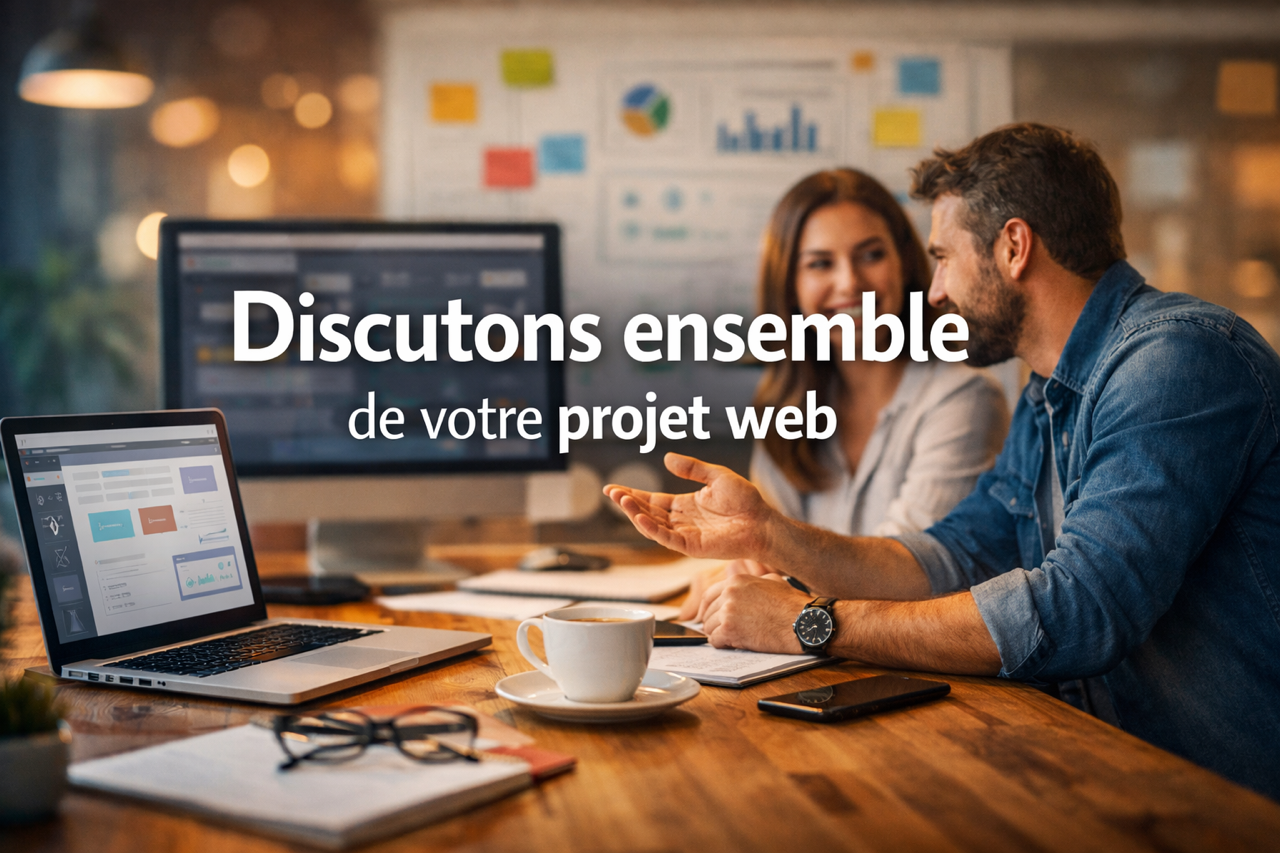 Deux personnes discutent autour d'un projet web dans une salle de réunion, avec un ordinateur portable, des notes, une tasse de café et un écran d'ordinateur en arrière-plan.