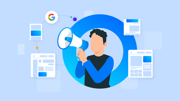 Illustration d'une personne utilisant un mégaphone avec des icônes de Google, des appareils mobiles et des pages web autour, représentant la communication numérique et le marketing en ligne.