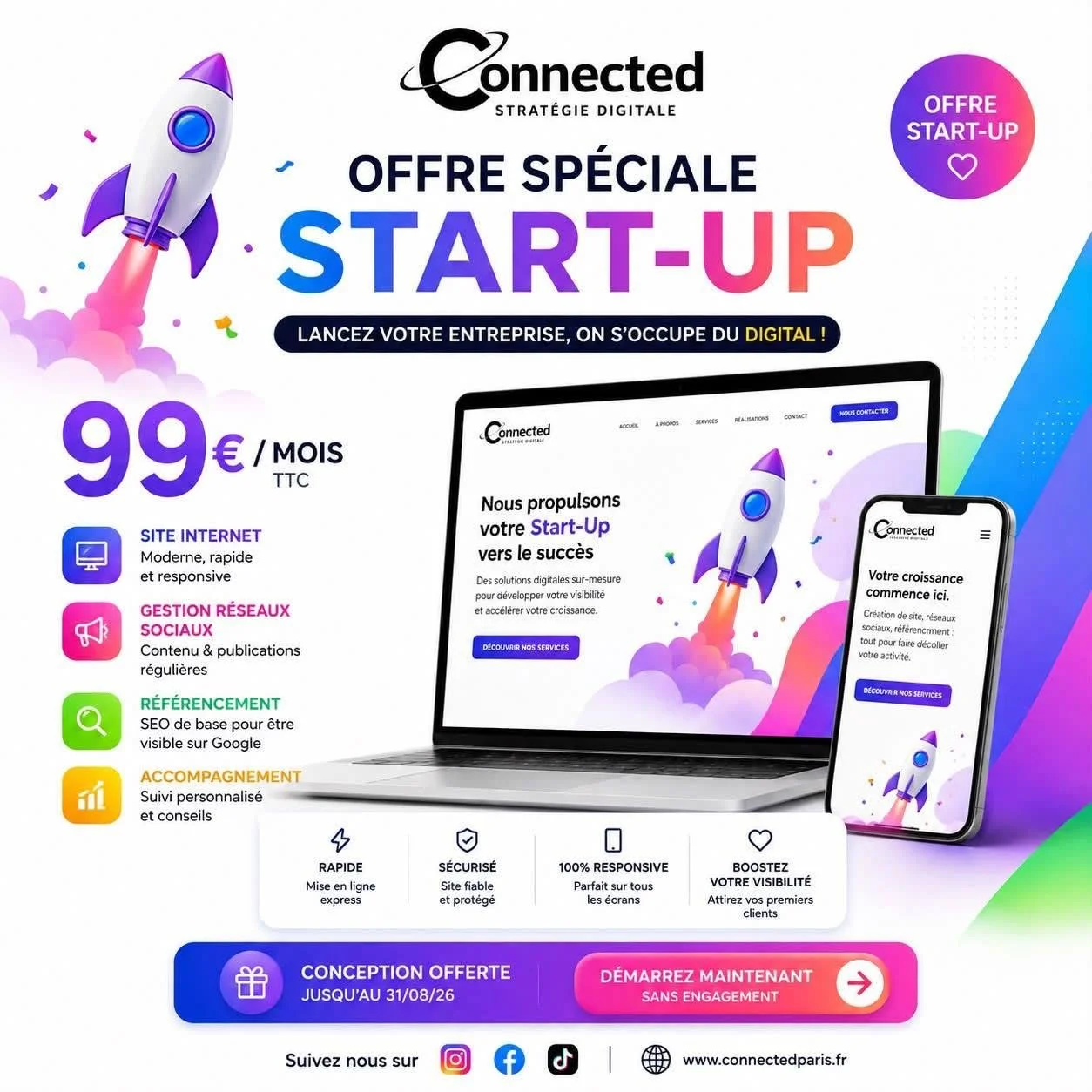 Publicité pour une offre de services digitaux pour start-up, incluant Internet, gestion des réseaux sociaux, référencement, accompagnement, avec un prix de 99 euros par mois. Illustration d'un lancement de fusée, avec des appareils mobiles et un site web.