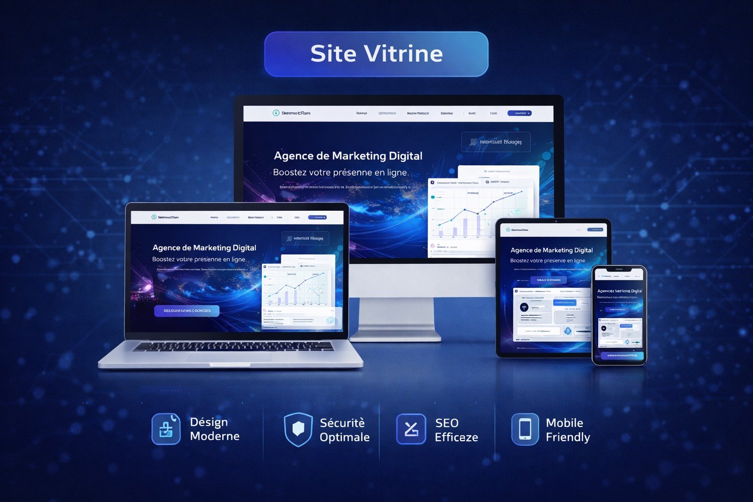 Une affiche présentant une plateforme de marketing digital affichée sur plusieurs appareils électroniques, avec des graphismes de données et des textes en français, soulignant des avantages comme un design moderne, une sécurité optimale, un SEO efficace, et la compatibilité mobile.