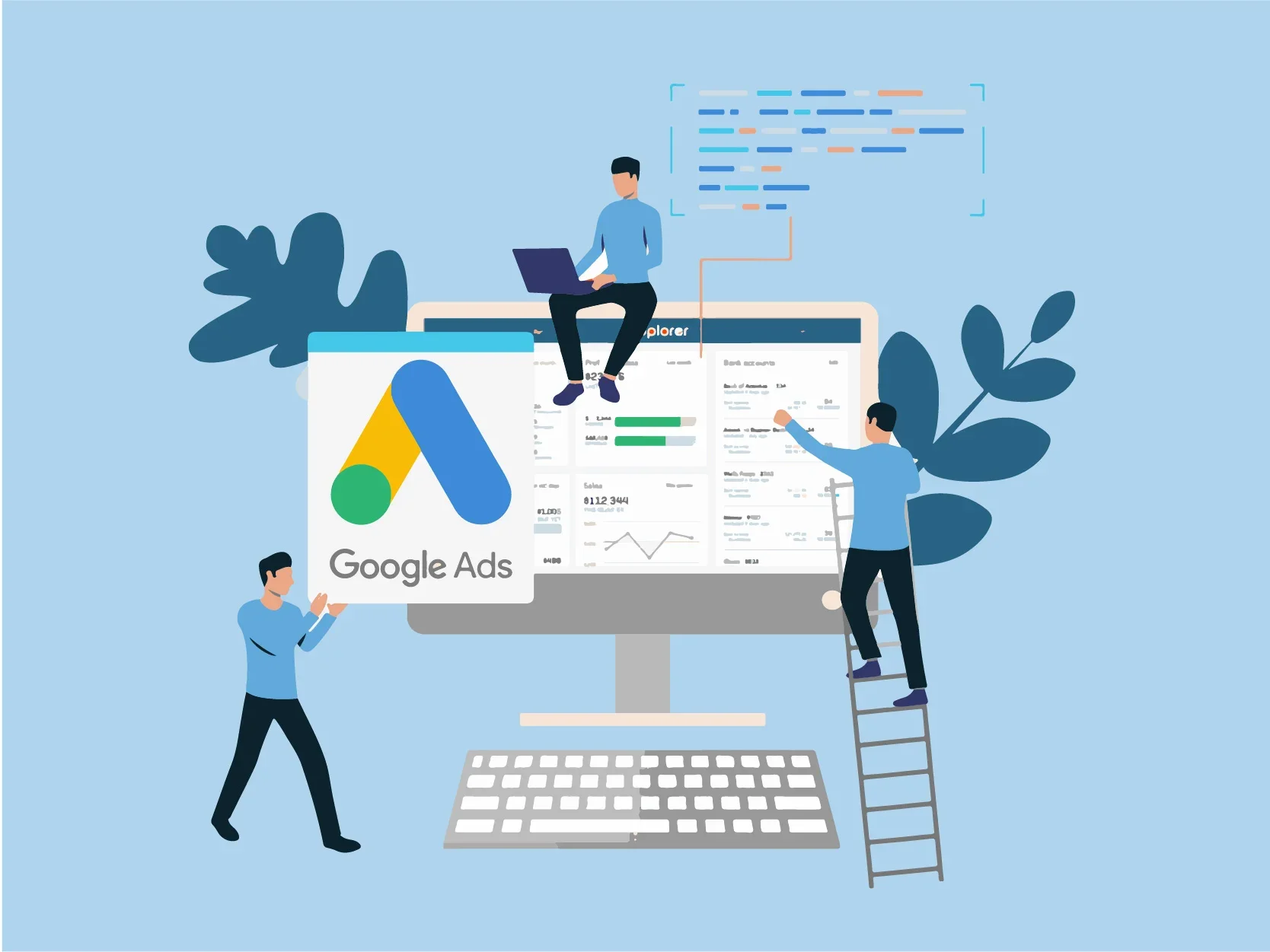 Illustration représentant la gestion de campagnes publicitaires en ligne avec un ordinateur, des graphiques, des hommes travaillant sur différents appareils et le logo Google Ads.
