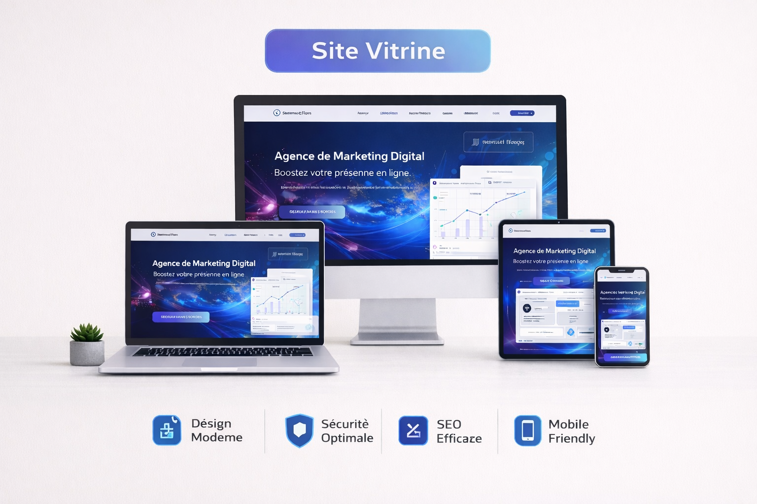 Image montrant un site web de marketing digital affiché sur un ordinateur de bureau, un ordinateur portable, une tablette et un smartphone, tous alignés sur une surface blanche. En dessous, quatre icônes accompagnées de textes indiquent : Design Modeme, Sécurité Optimale, SEO Efficace, Mobile Friendly.