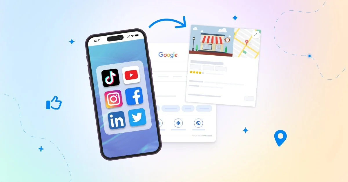 Un téléphone portable avec des icônes de réseaux sociaux (TikTok, YouTube, Instagram, Facebook, LinkedIn, Twitter), une recherche Google, et une fiche d'établissement sur une carte, représentant la gestion de la présence en ligne d'une entreprise.