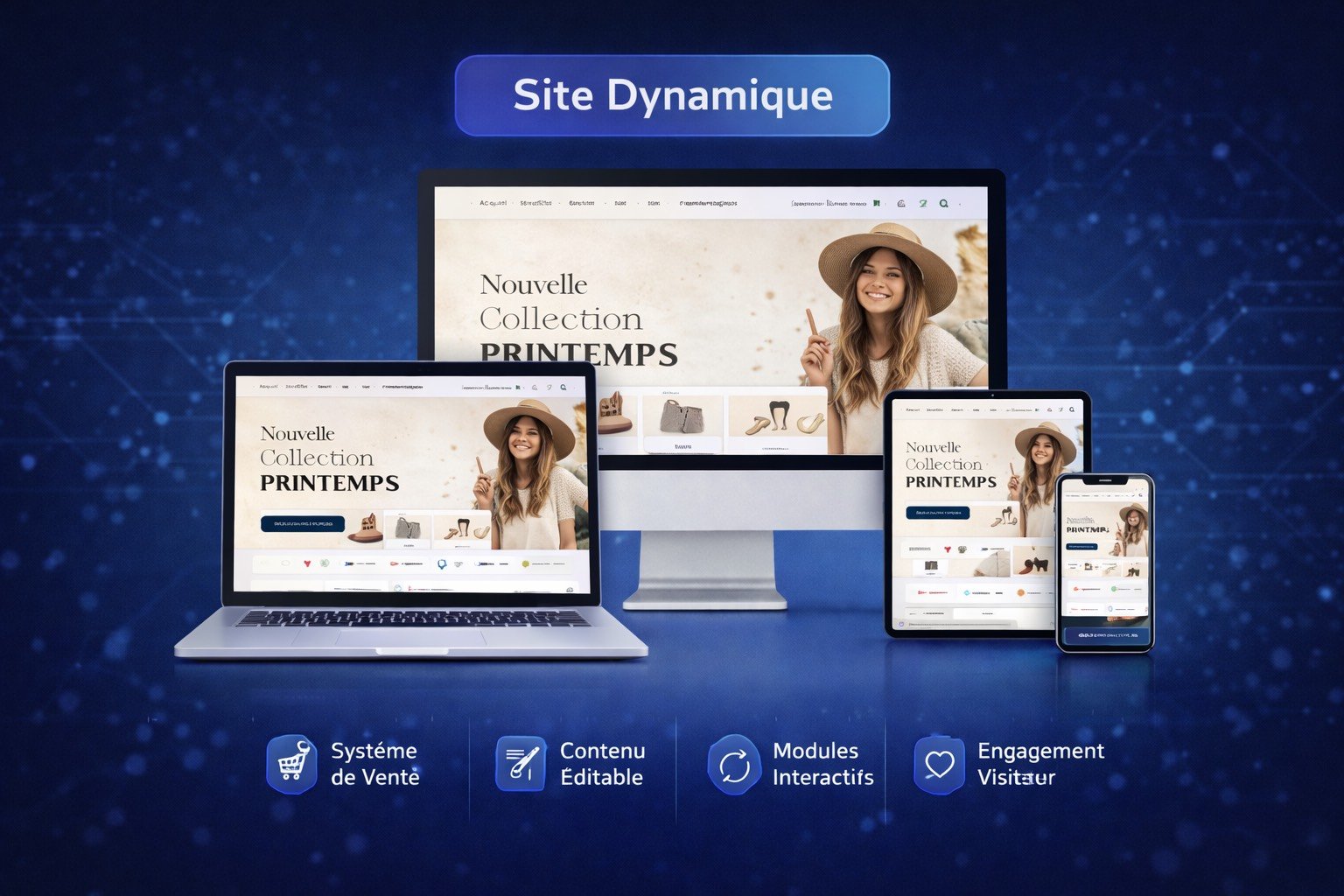Capture d'écran de différentes versions d'un site web de commerce électronique affichant une collection de printemps avec une femme portant un chapeau. Présentation sur un ordinateur de bureau, un ordinateur portable, une tablette et un téléphone, avec icônes pour système de vente, contenu éditable, modules interactifs et engagement des visiteurs.