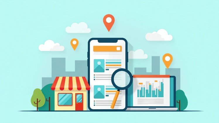 Illustration d'une application mobile avec un ordinateur portable et une boutique, représentant le référencement local ou la recherche en ligne. Des icônes de localisation et un graphique apparaissent dans le fond.