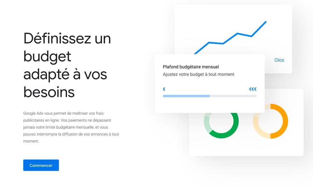 Une page web présentant une plateforme de gestion de budget en ligne, avec un graphique de tendance, un curseur de plafond budgétaire mensuel, un bouton bleu "Commencer" et diverses illustrations graphiques.