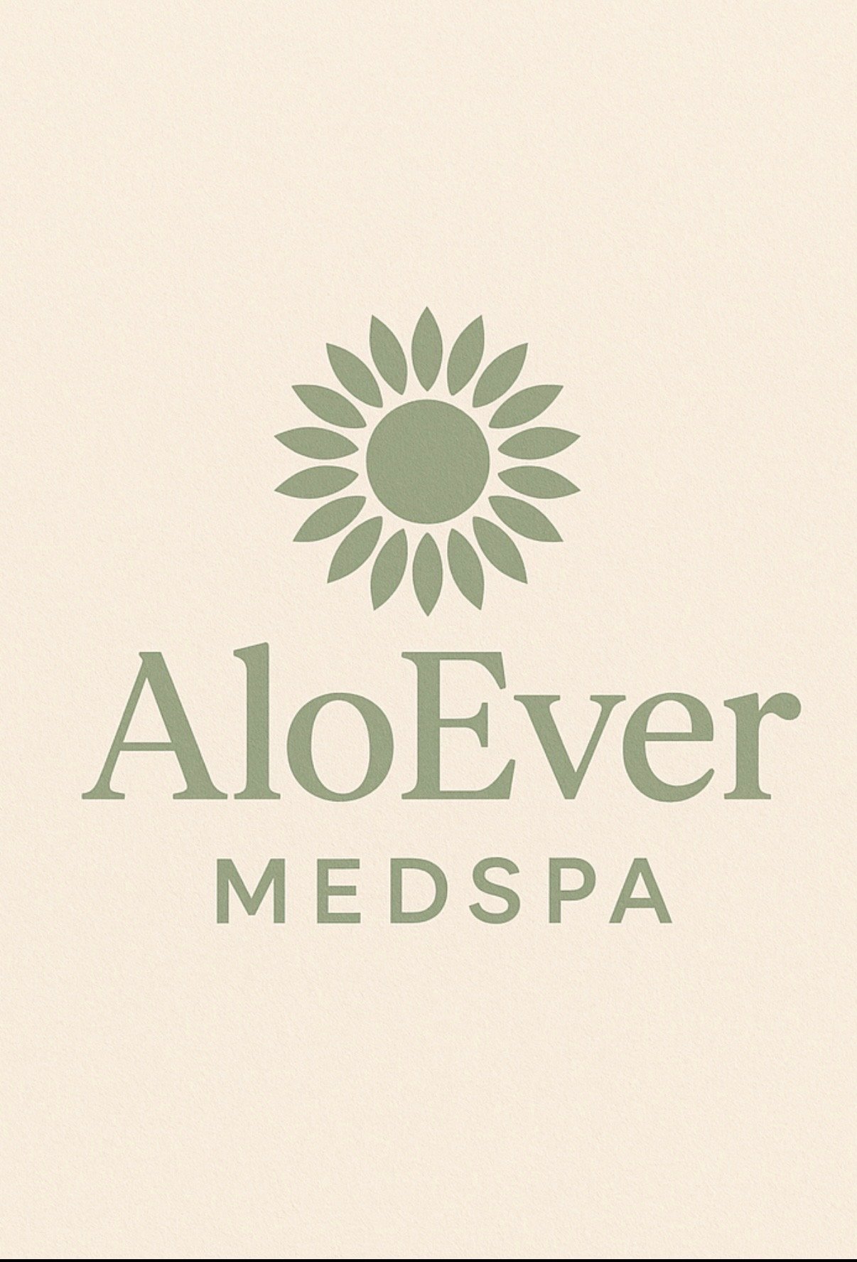 Logo for AloeVer MedSpa featuring a stylized sunflower and the text 'AloeVer MedSpa' in a soft green color on a beige background.