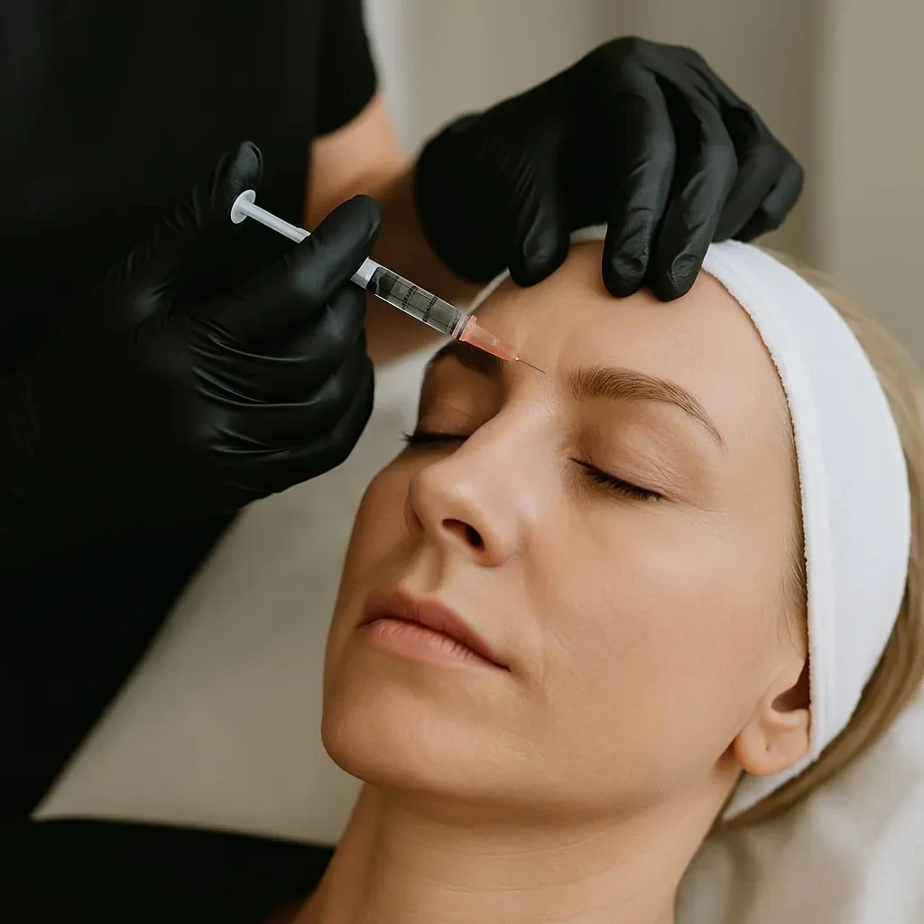 A woman receiving a cosmetic injection in her forehead while lying down with eyes closed.