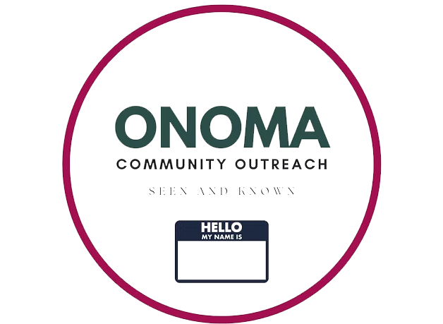 Logo for ONOMA Community Outreach with a pink circular border and a speaker identification badge reading 'Hello My Name Is'.