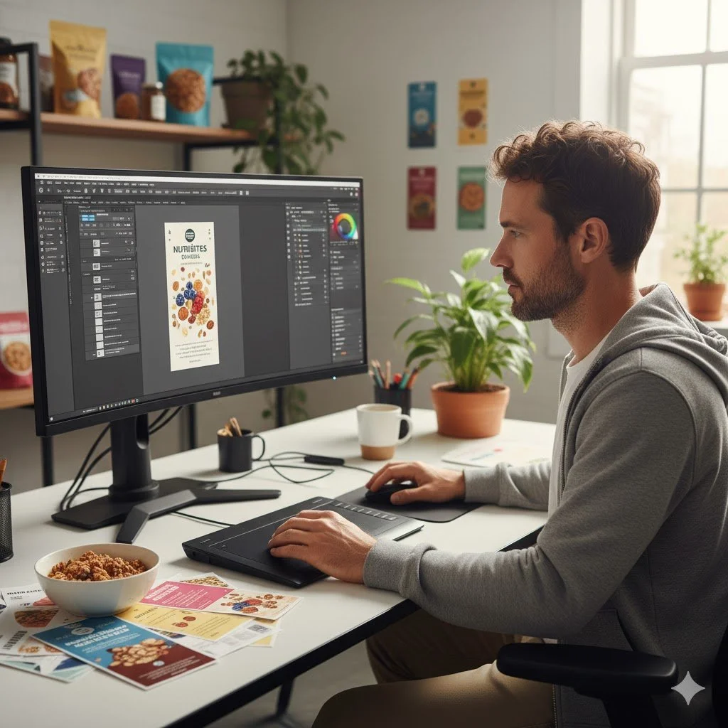 A man working on a computer with a graphic design software open, creating a product label for dried fruit, surrounded by snack brochures and a bowl of cereal on his desk.