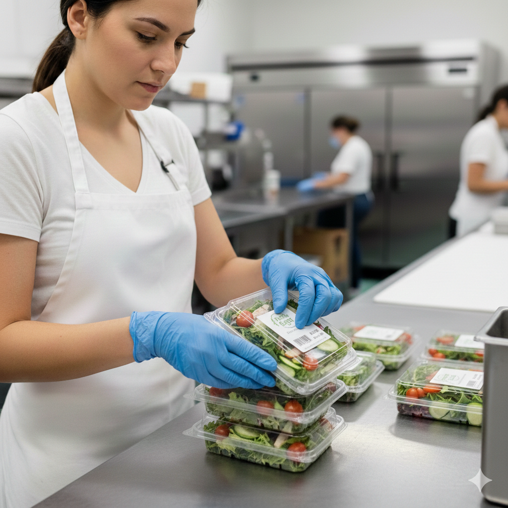 A woman wearing a white uniform and blue gloves is packaging salads in clear plastic containers in a commercial kitchen.