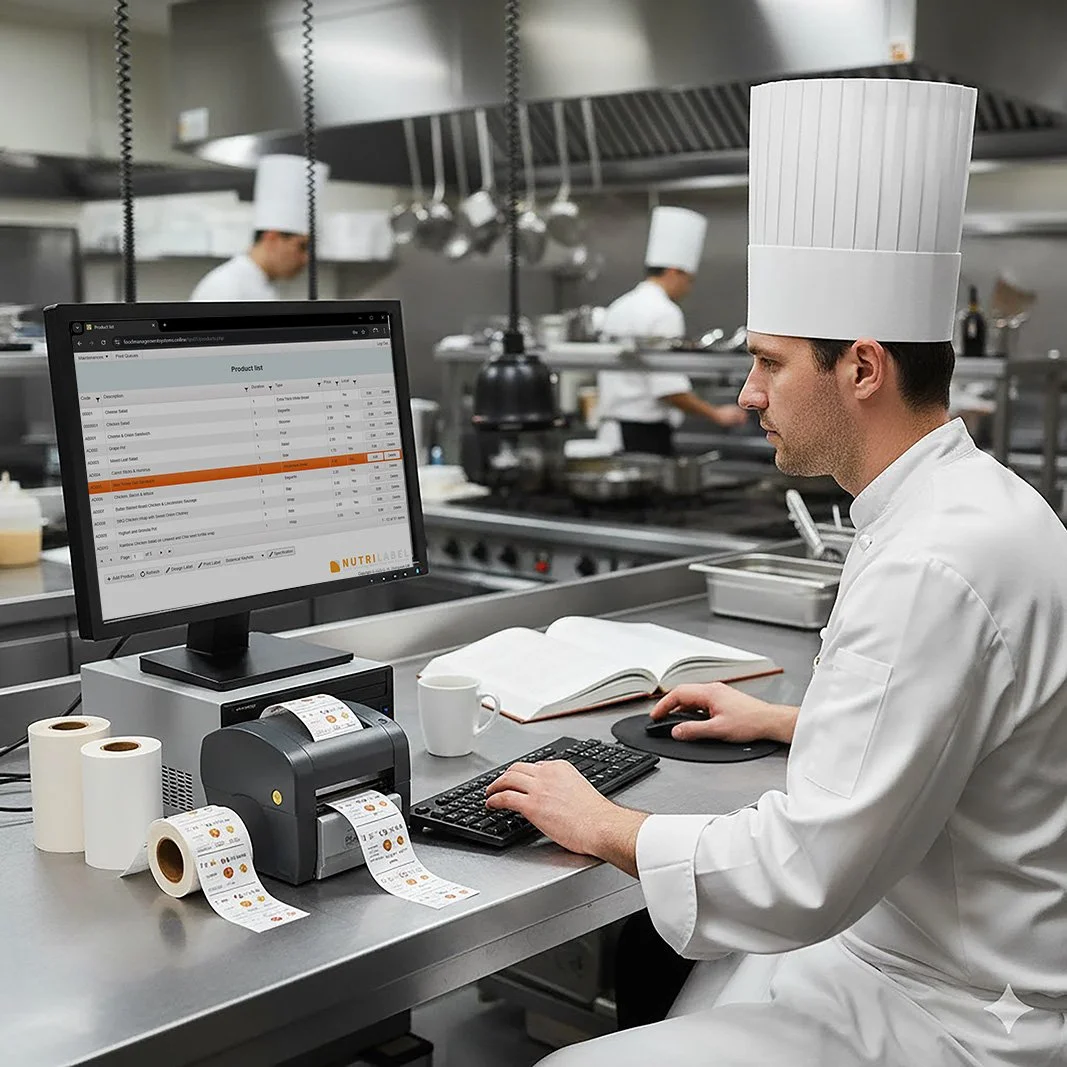 A chef working in a commercial kitchen at a computer station with a label printer, open book, and rolls of labels. Other chefs are visible in the background.