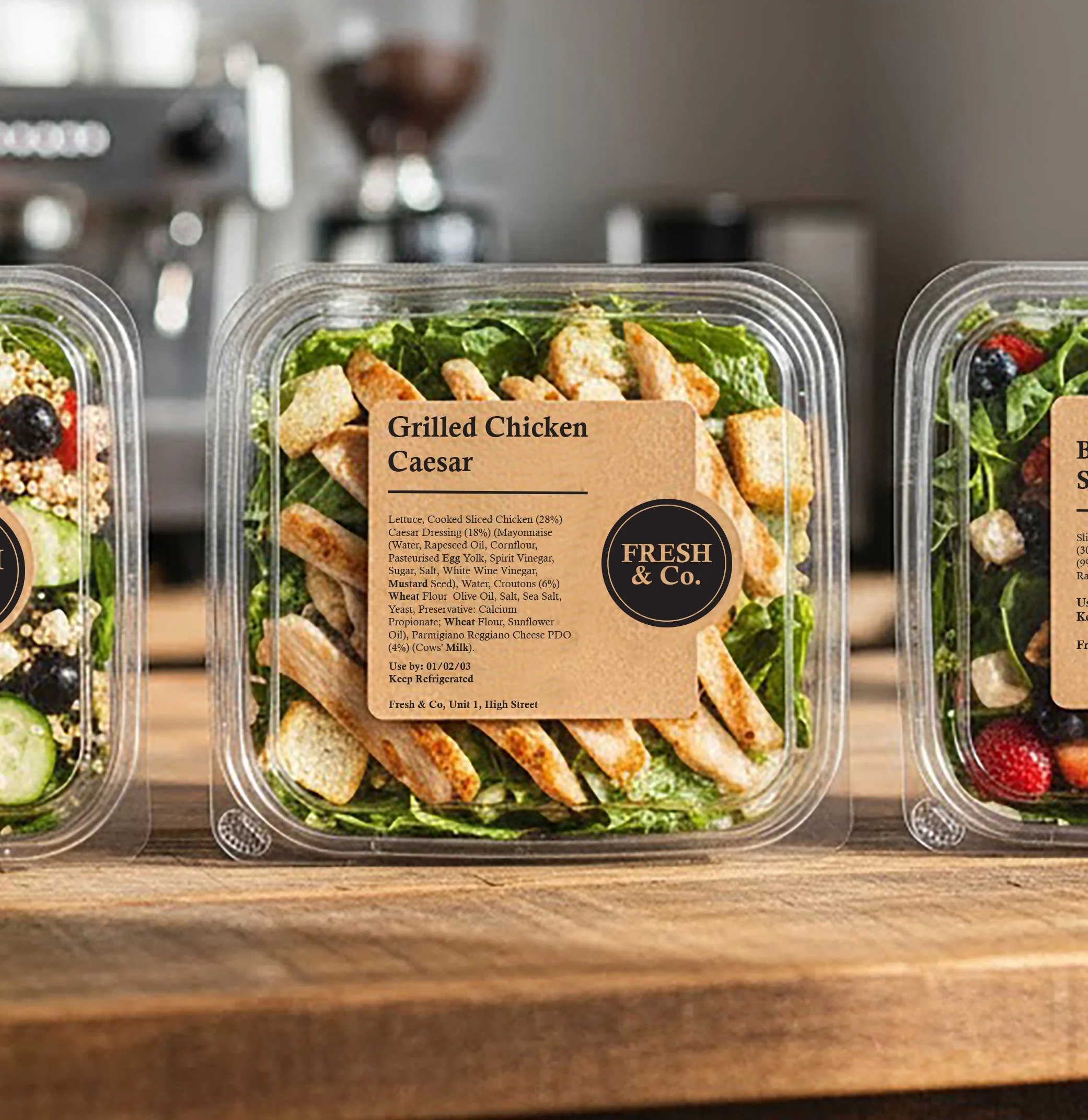 A clear plastic container of grilled chicken Caesar salad with lettuce, sliced chicken, croutons, and Caesar dressing, labeled with a beige sticker from 'Fresh & Co.'