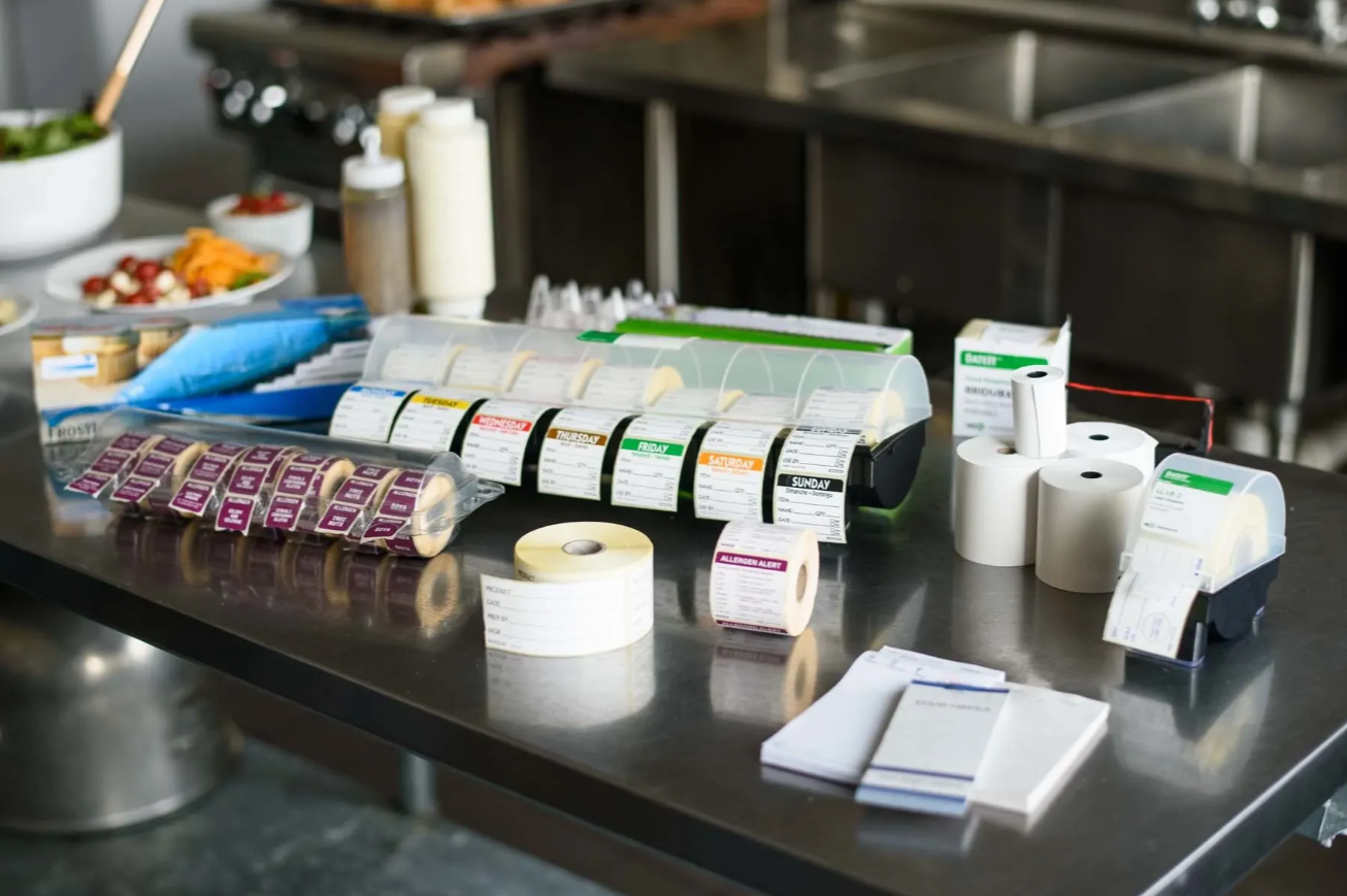 A hospital or pharmacy counter with various pharmacy labels, prescription bottles, and medical supplies, including adhesive labels, pill bottles, and documentation on a stainless steel surface.
