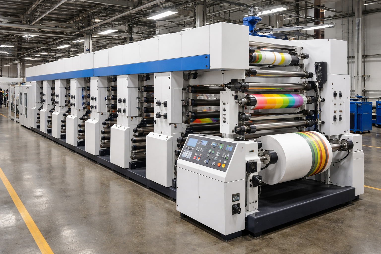 Large industrial printing machine with rolls of Food labels in a factory.