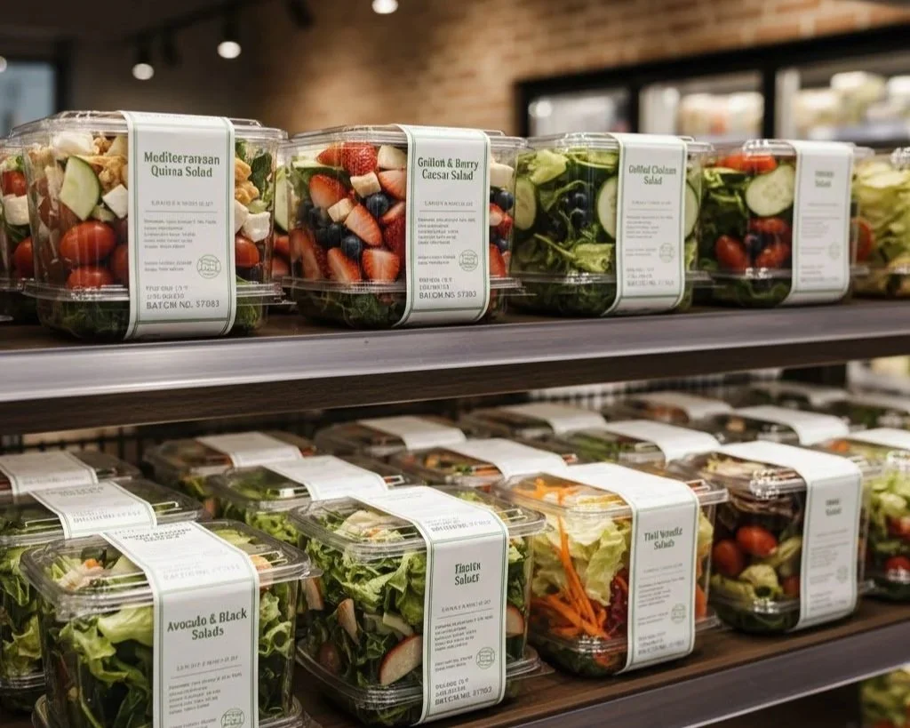 Several pre-packaged salads on display in a grocery store, labeled with various salad types such as Mediterranean Quinoa Salad, Grilled & Berry Caesar Salad, and Avocado & Black Salad.