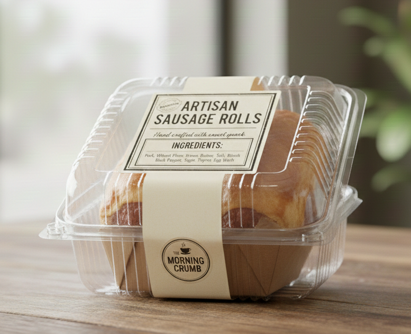 Clear plastic container of artisan sausage rolls on a wooden surface, with label showing ingredients and branding from The Morning Crumb.