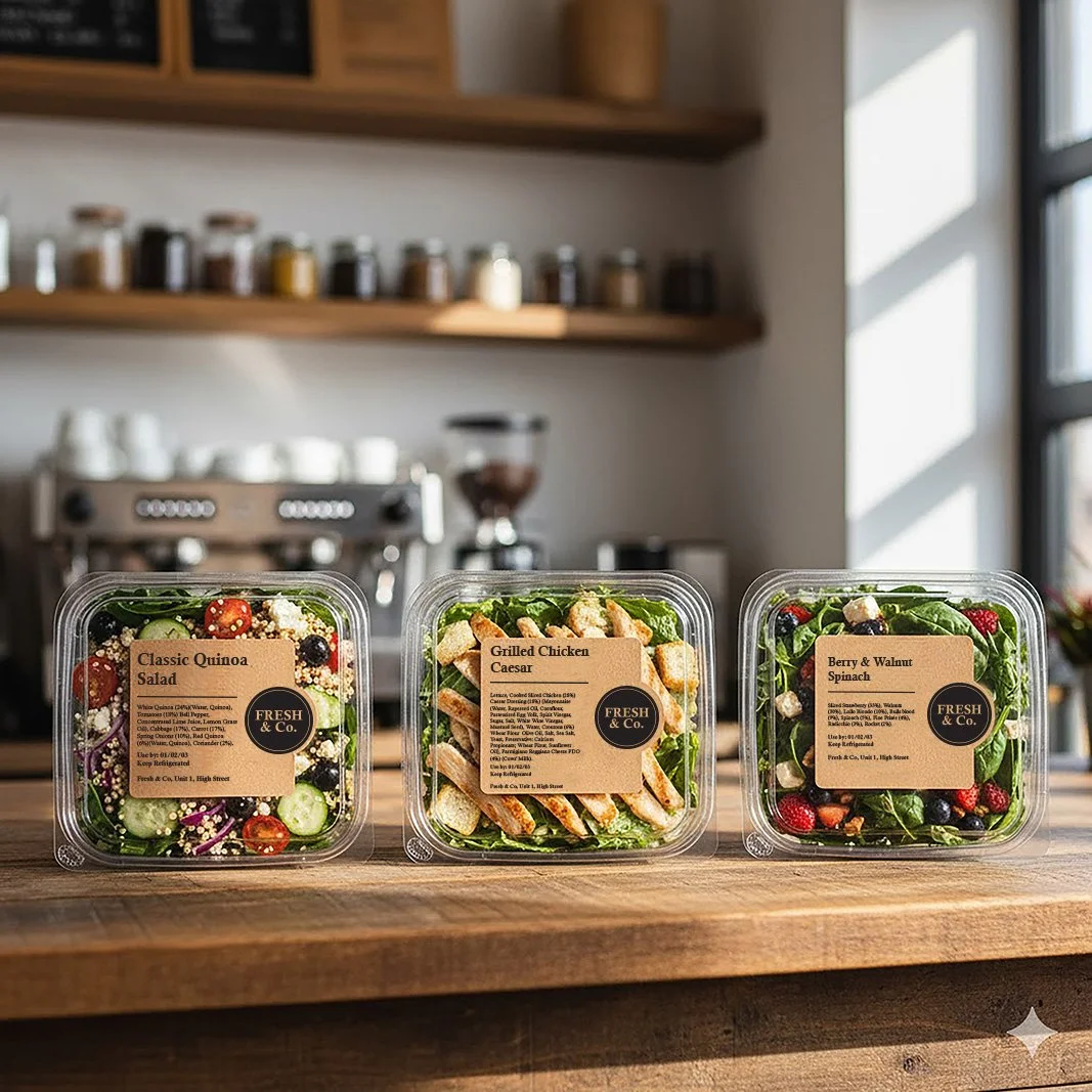 Three pre-packaged salads on a wooden counter in a coffee shop, with a coffee machine and shelves with jars in the background.