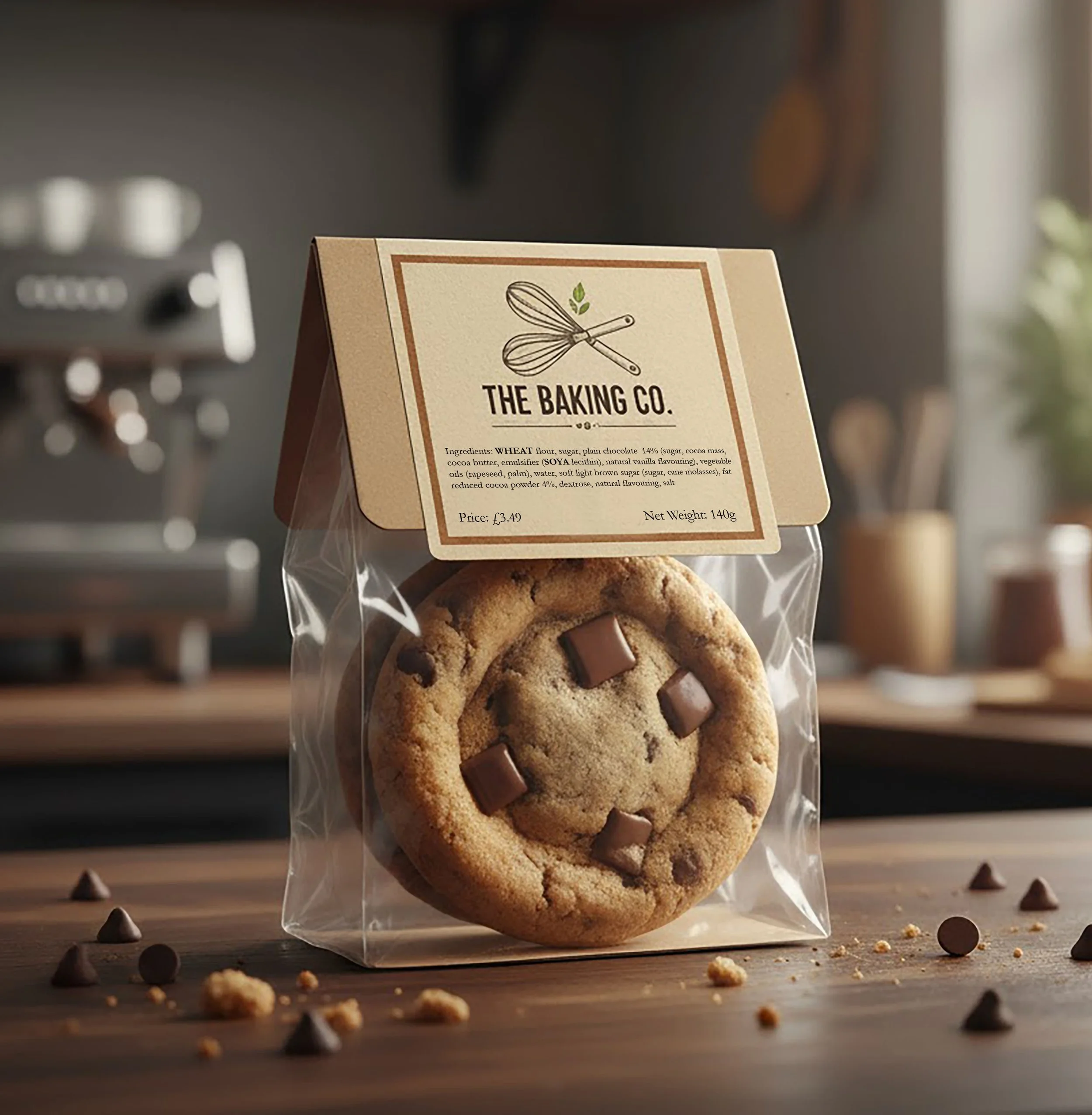 A packaged chocolate chip cookie from The Baking Co. with a label that includes ingredients, price, and weight, placed on a wooden surface with scattered chocolate chips and cookie crumbs, in a cozy kitchen setting.