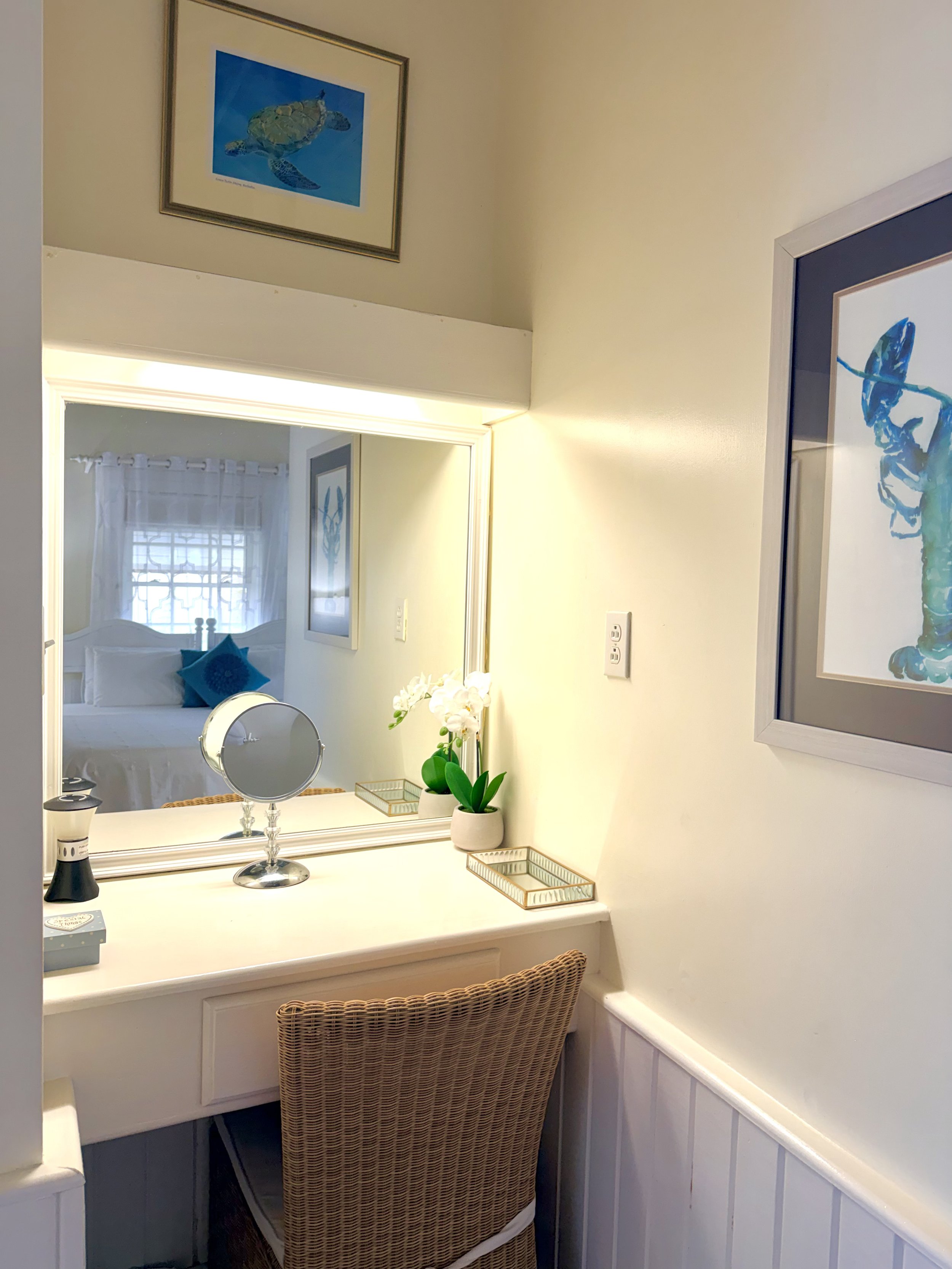 A vanity area with a large mirror, a white countertop with a lamp, a small potted plant with white flowers, and two empty rectangular trays. A wicker chair is positioned in front of the vanity. The room has beige walls with framed turtle and insect a